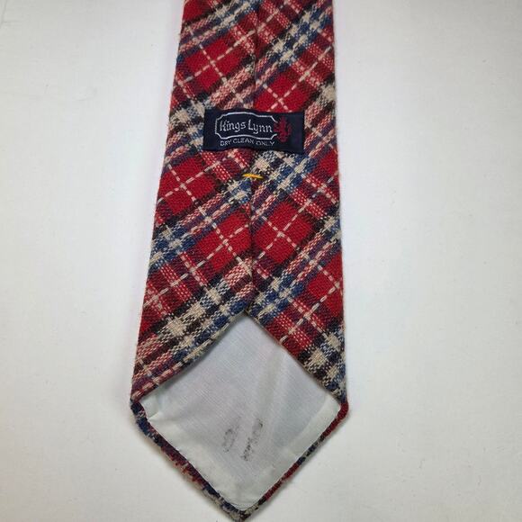 Vintage Kings Lynn Wool Plaid Tie Red Navy Cream Tartan 4” Wide 70s Preppy Style - Picture 3 of 8